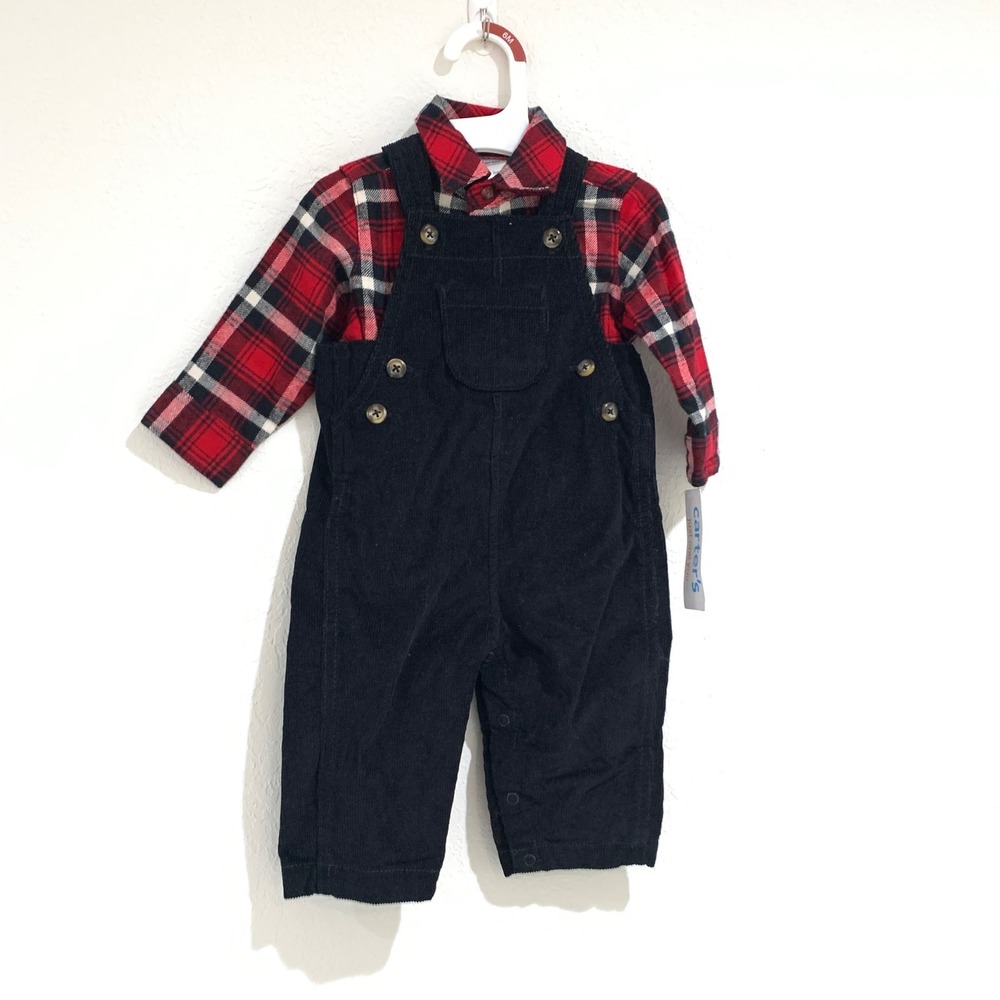 Carters plaid shirt and‎ black corduroy overalls 6 months new with tags